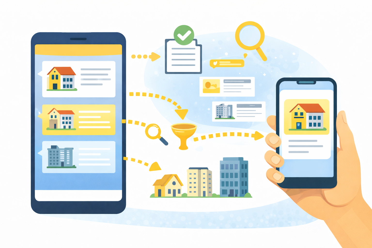 WhatsReply Property Listing Management interface with search and filters